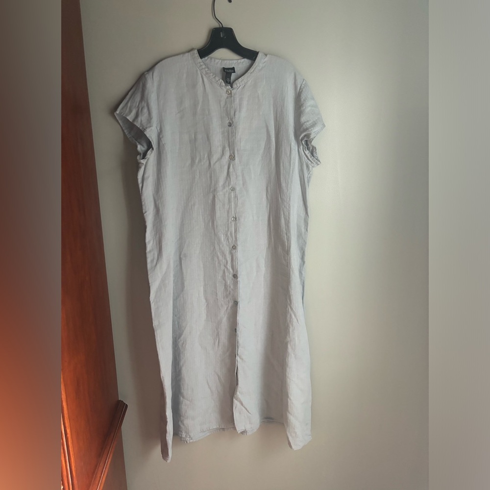 Eileen Fisher 100% Linen Button Blue Dress Size XL
